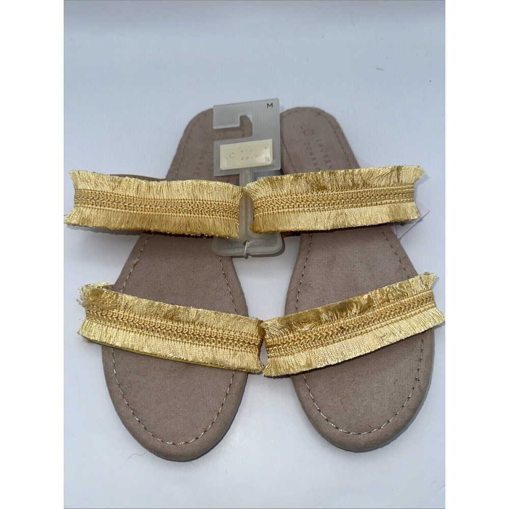 Lauren Conrad LC Womens Slide Sandals Size 9 Gold Fringe Stretch Straps NWT